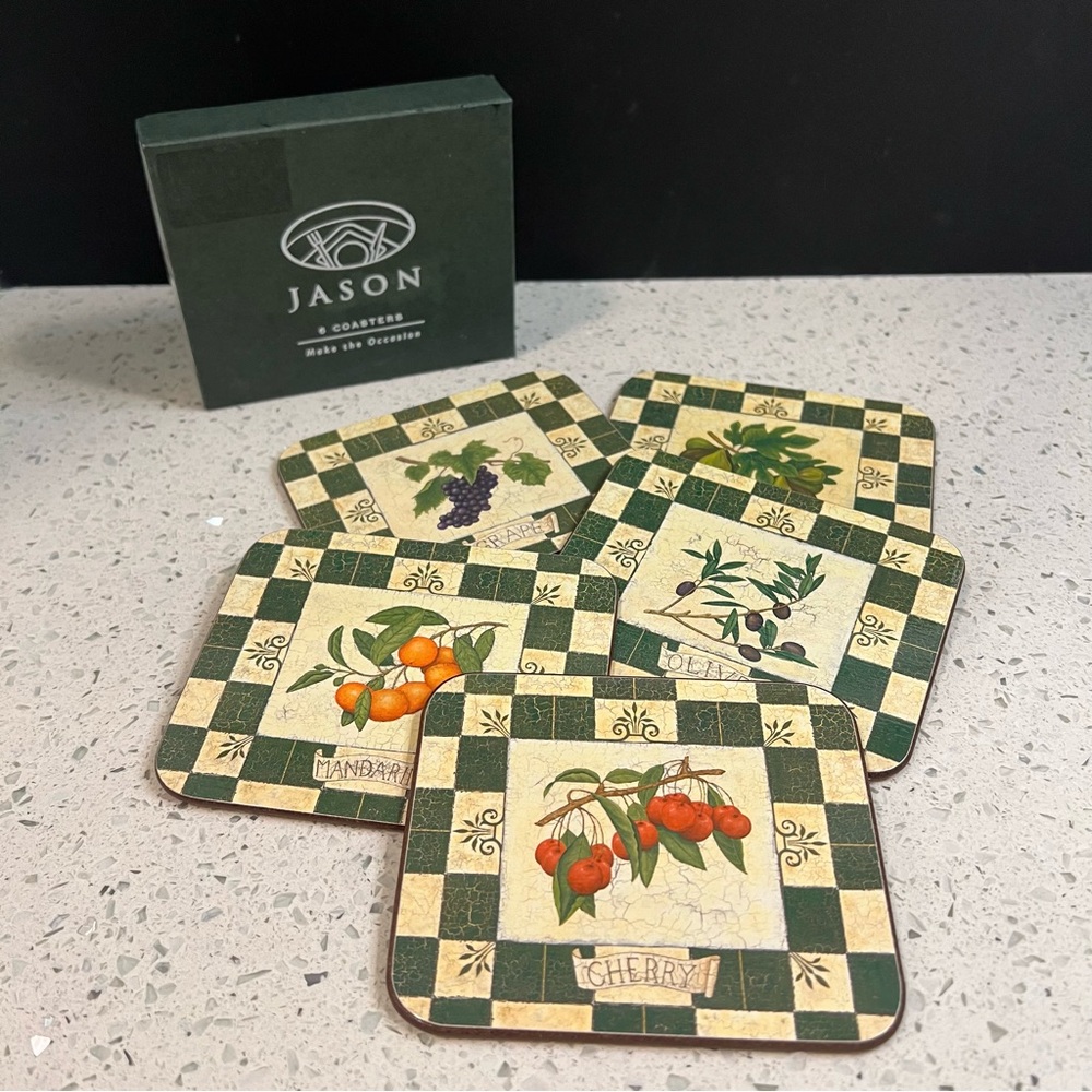 JASON European Fruit Themed 4" Cork Back Coasters Set of 5 w Original Box